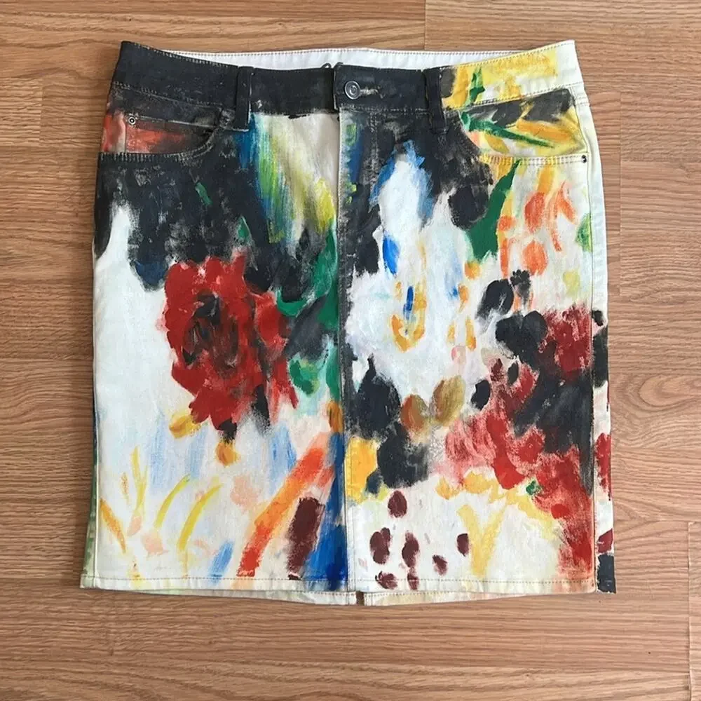 Anthropologie Aubrey Levinthal Night Garden Hand Painted Denim Skirt - Picture 2 of 8